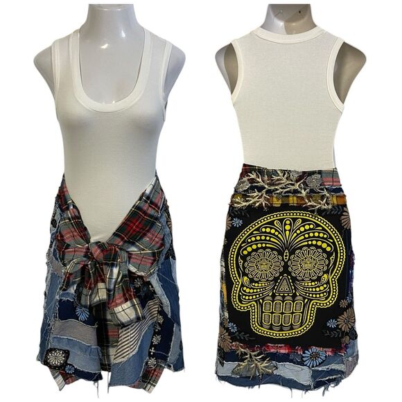 Flannel Shirt Womens 2XL Sugar Skull Shacket Upcycled Grunge Maximalist Rock - Picture 6 of 16